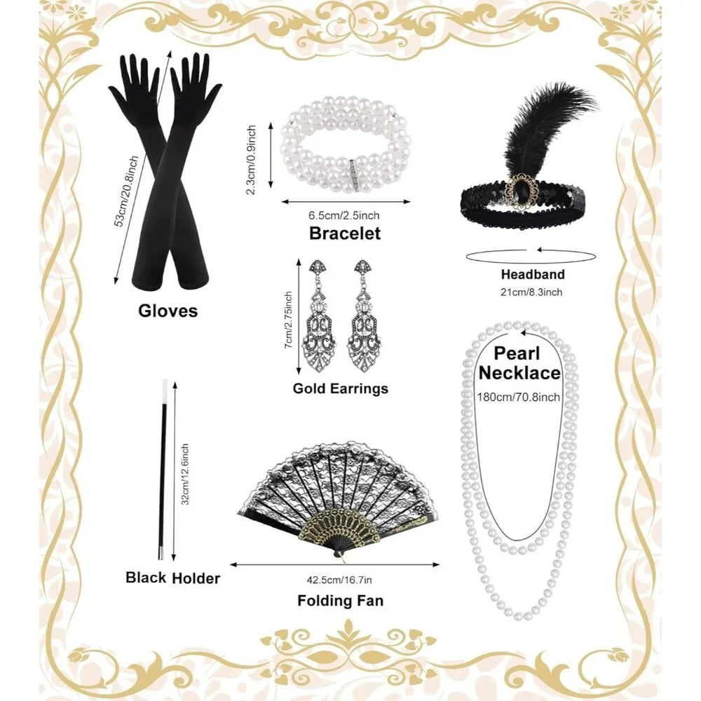 1920s Flapper Accessories Set Feather Headband Long Gloves Earrings Necklace - Picture 2 of 6